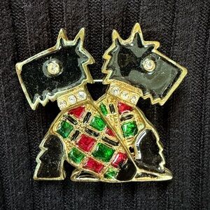 Vintage Scottie Dog Brooch Rhinestone Eye RedGreen Poured Glass Sweater FREESHIP